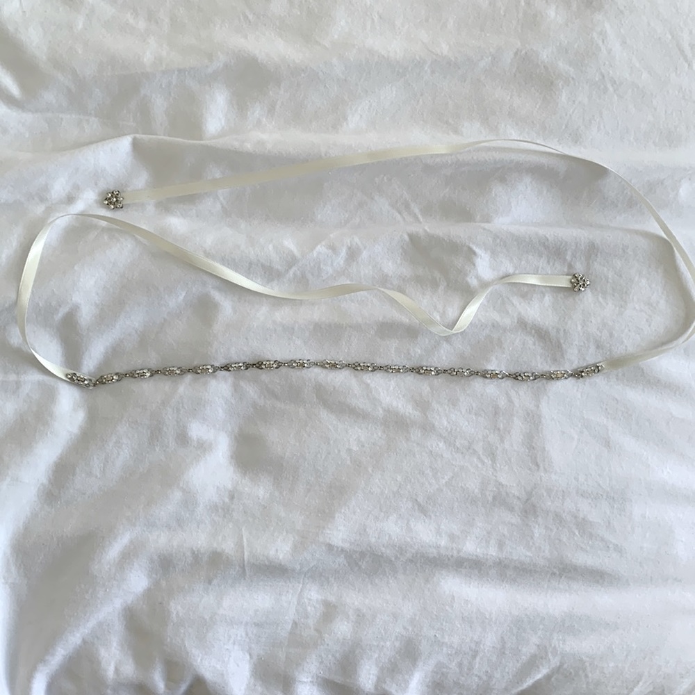 Bridal grown belt. White silk ribbon tie belt with with crystal detailing.